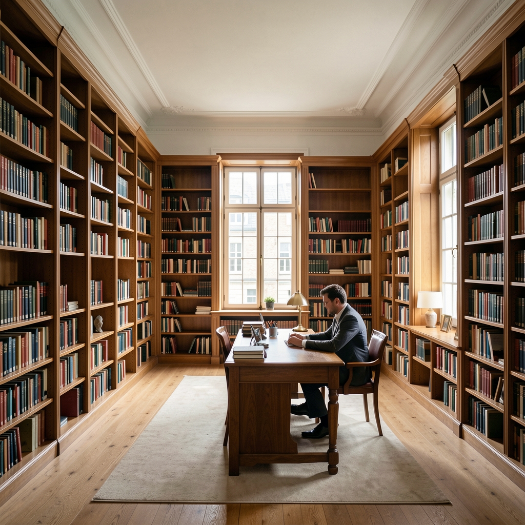 Wide open reading room with tall bookshelves, natural light streaming through large windows, and a solitary reader at a wooden desk conveying a sense of quiet scholarly focus