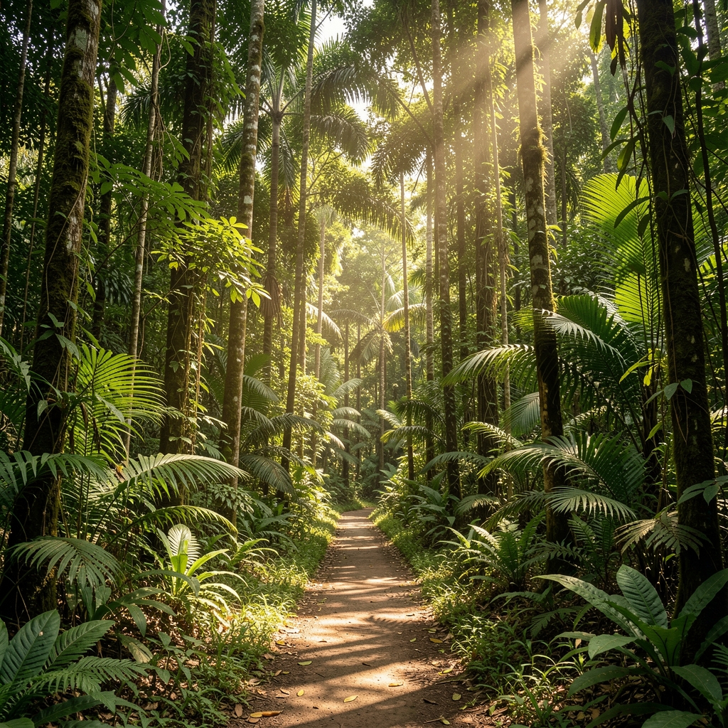 Lush tropical forest pathway in Indonesia with dappled sunlight filtering through tall trees and dense green canopy overhead