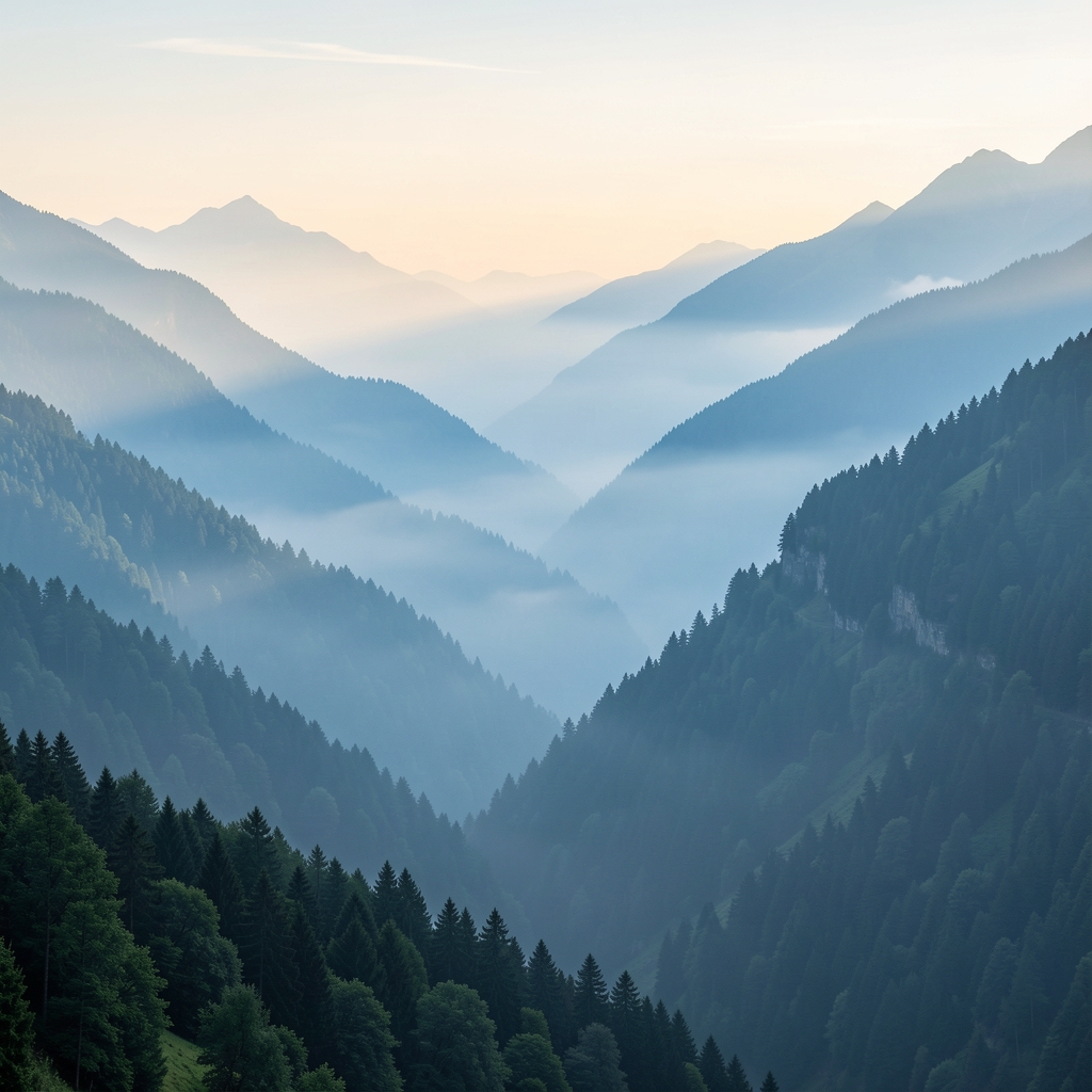 Expansive misty mountain valley at dawn with layers of forested ridges receding into soft blue haze, conveying depth and quiet contemplation