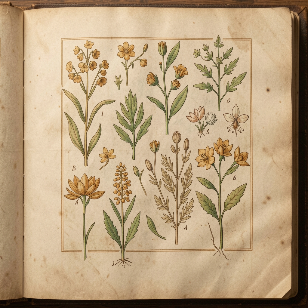 Medieval manuscript page with botanical illustrations and diagrams of plants in muted ochre and green ink colors on aged parchment background