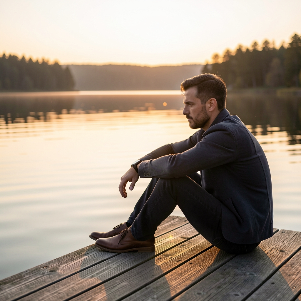 Man in contemplative pose sitting on wooden dock overlooking calm lake at sunrise with soft golden light on water surface