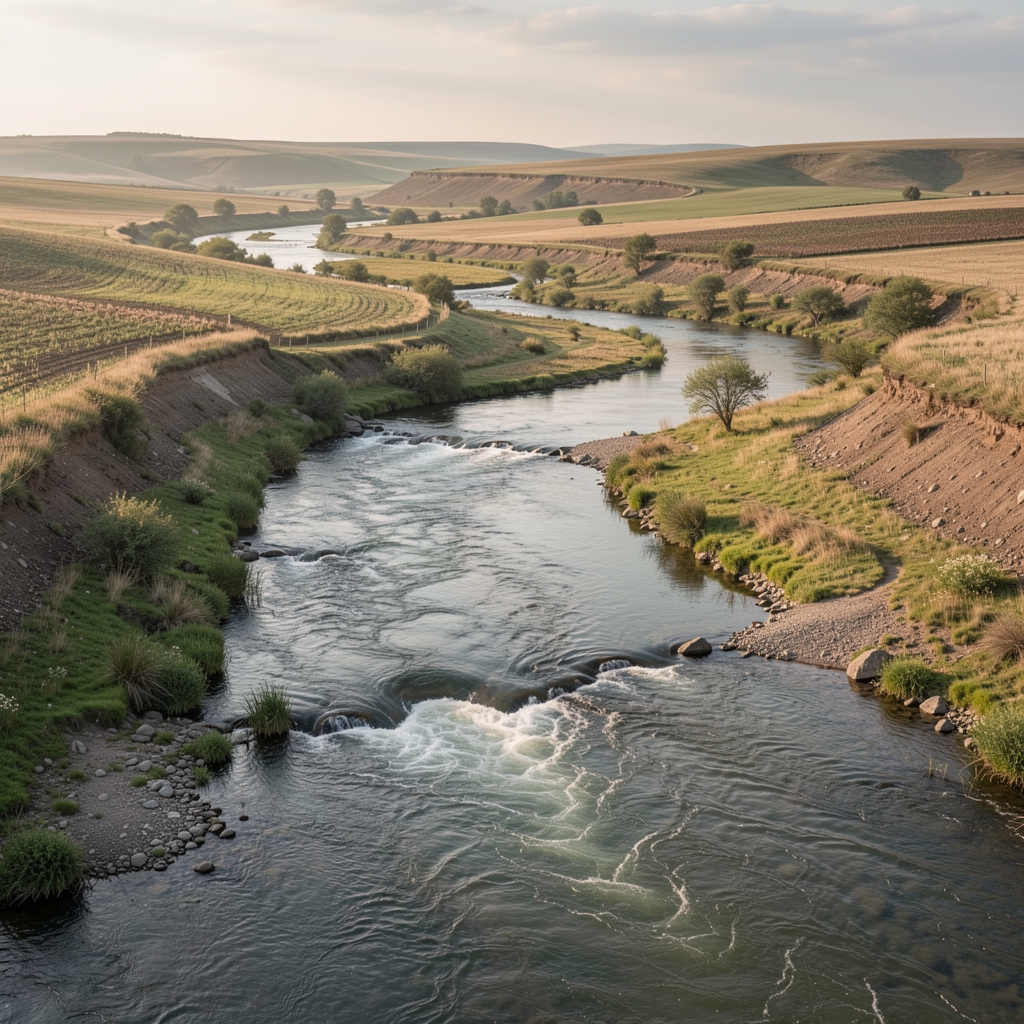 Time-lapse style image of a river flowing through various terrains symbolizing gradual continuous processes rather than instant changes, soft natural tones