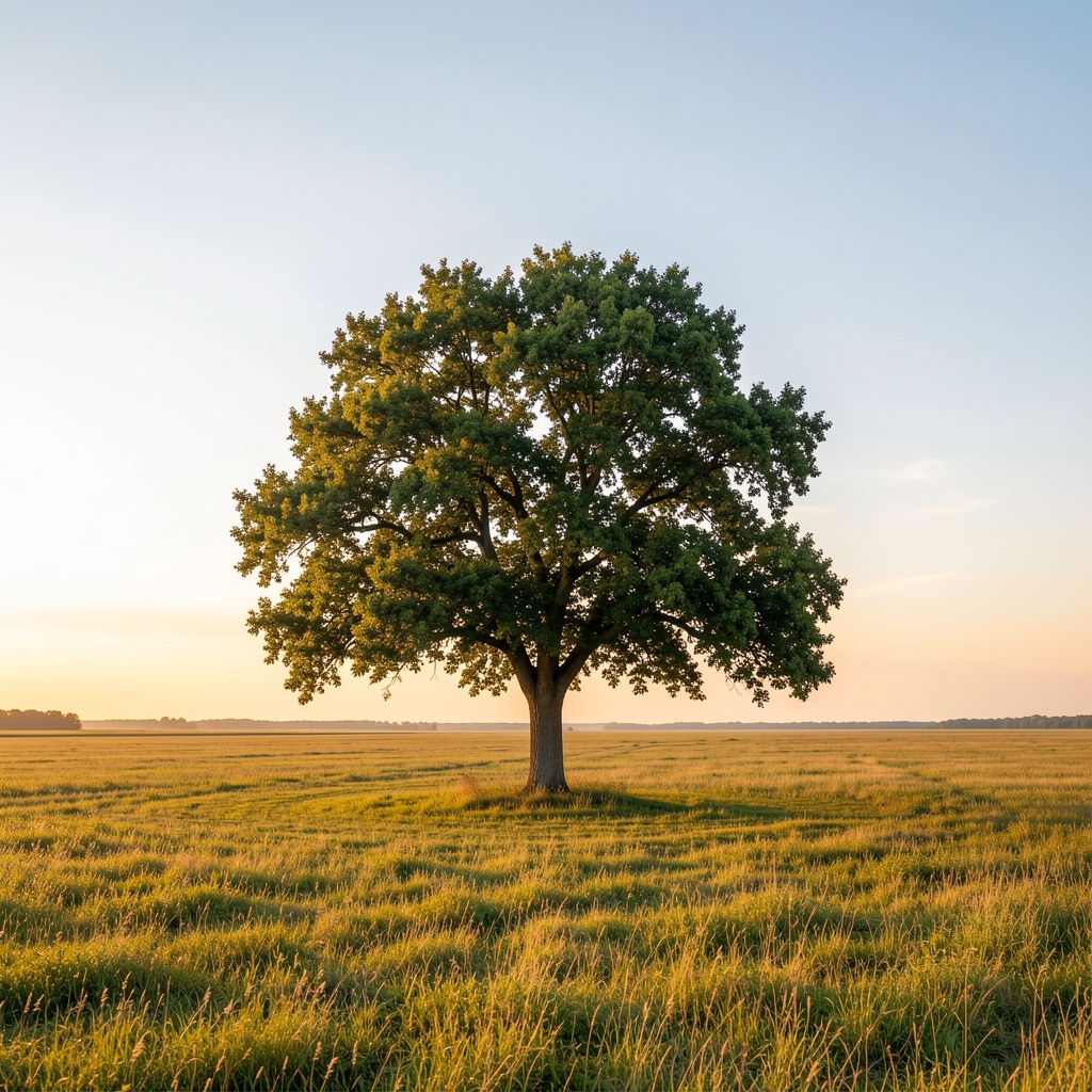 Single isolated tree in a wide open field illustrating the concept of context and environment around an individual, golden hour lighting