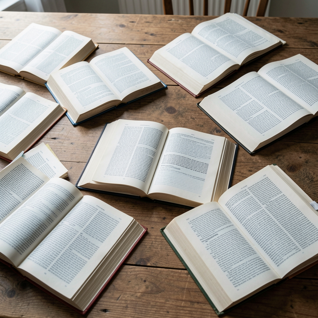 Diverse collection of open reference books and documents spread on a wooden desk suggesting multiple sources of knowledge rather than a single truth